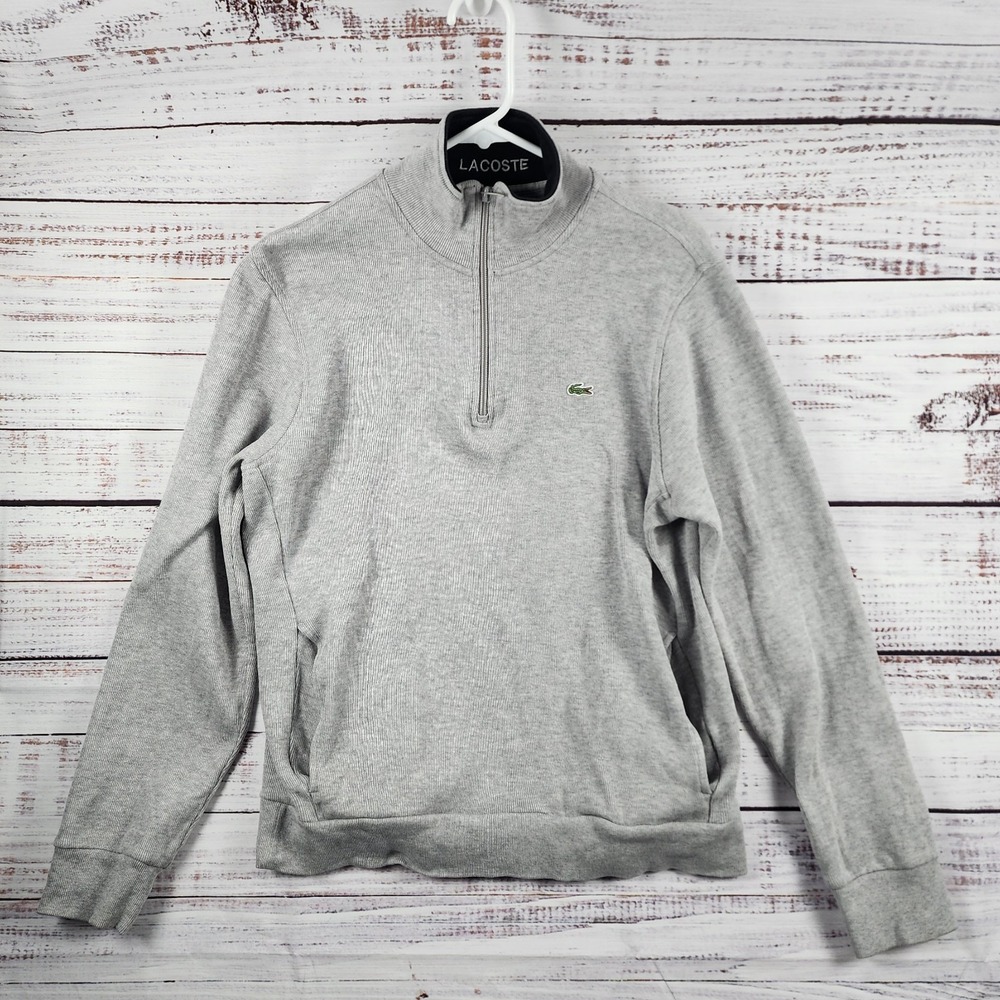 Lacoste Light Gray Quarter-Zip Pullover Sweatshirt with Green Croc Logo